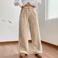 Cozy high-waisted beige fleece wide-leg lounge pants for women's autumn winter comfort. - S / Bottoms / Gray