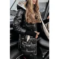 Stylish women's mid-length glossy black hooded quilted puffer jacket with silver lining - S / Tops / Black