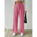 Pantalones de punto texturizado rosa de pierna ancha con cintura alta y cordón para mujer - S / Bottoms / Rosa