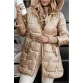 Fashionable champagne gold mid-length hooded puffer jacket featuring a glossy metallic finish - S / Tops / Champagne
