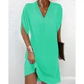 Stylish mint green V-neck pleated dress with batwing sleeves for spring and summer - S / Tops / Green