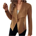 Detailed view of women's brown faux suede blazer with zippered pockets and open front - Tan