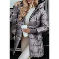 Stylish metallic grey mid-length hooded puffer jacket with star quilting detail. - S / Tops / Gray