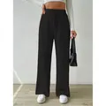 Pantalones anchos de punto acanalado negro para mujer con cintura elástica y cordón - S / Bottoms / Negro