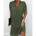 Elegant olive green V-neck pleated batwing sleeve dress for spring summer season - S / Tops / Army Green