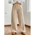 Women's cozy beige high-waist teddy fleece wide-leg pants for autumn and winter - S / Bottoms / Khaki