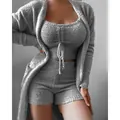 Cozy grey fuzzy three-piece loungewear set including cardigan, crop top, and shorts - S / Top And Bottom / Three-Piece Set / Gray