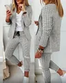 Women's plaid blazer and pants set for professional and casual office style outfit. - White Lattice