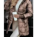 Women's chic metallic brown mid-length hooded puffer jacket with unique star-quilted pattern - S / Tops / Khaki