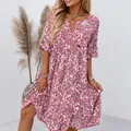 Elegant pink floral print V-neck midi dress with short ruffle sleeves for summer - S / Tops / Pink
