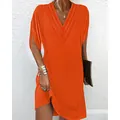 Summer casual orange pleated V-neck dress with stylish batwing sleeves for women - S / Tops / Orange