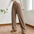 Cozy brown women's fuzzy fleece wide-leg trousers featuring a high waisted drawstring - S / Bottoms / Camel