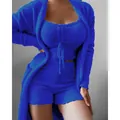 Comfortable women's plush 3-piece lounge set with cardigan and shorts in cobalt blue. - S / Top And Bottom / Three-Piece Set / Dark Blue