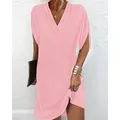 Elegant pink V-neck pleated batwing sleeve mini dress for women's chic summer fashion. - S / Tops / Pink