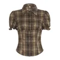 Vintage brown plaid puff sleeve blouse with slim fit and button-down front detail - S / Tops / Brown