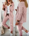 Casual pink plaid blazer and trouser set for women in a two-piece fashion style - Grid Pink