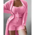 Comfortable pink fuzzy 3-piece loungewear set featuring cardigan, top and shorts - S / Top And Bottom / Three-Piece Set / Pink