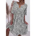 Summer women's floral print midi dress in grey featuring a V-neck and short sleeves - S / Tops / Gray