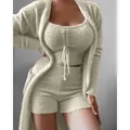 Soft 3-piece fuzzy loungewear set including long cardigan and shorts in cream white color - S / Top And Bottom / Three-Piece Set / Apricot