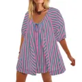 Detailed view of a pink and blue striped loose V-neck romper with textured fabric. - Red & Green Stripes