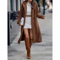 Gemütliche braune lange Plüschjacke mit Kapuze für Damen, stylische Wintermode 2024 - Khaki