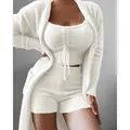 Cozy white 3-piece plush loungewear set with cardigan and shorts - S / Top And Bottom / Three-Piece Set / White