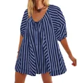 Close-up of women's blue striped short sleeve romper with deep V-neck and front tie detail - Dark Blue