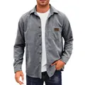 Camisa informal de pana gris para hombre con manga larga, cuello de solapa y bolsillo - S / Tops / Gris claro