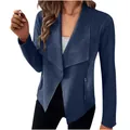 Navy blue faux suede open front blazer with drape collar and zipper pockets for women - Navy Blue