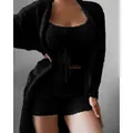 Soft black 3-piece fuzzy loungewear set featuring cardigan, tank top and shorts - S / Top And Bottom / 3-Piece Set (Shorts) / Black