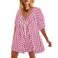 Casual pink and white striped loose fit summer romper with deep V-neck and tie detail - Red