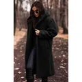 Elegante cappotto lungo con cappuccio in pile teddy nero da donna per l'autunno - Taglia S / Top / Nero