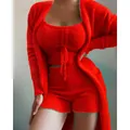 Cozy red fuzzy 3-piece loungewear set with drawstring top and matching cardigan - S / Top And Bottom / 3-Piece Set (Shorts) / Red