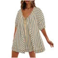 Stylish women's summer striped short sleeve romper with loose fit and deep V-neck detail - Apricot
