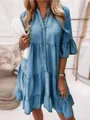 Robe en jean à volants en coton lavé avec manches mi-longues et silhouette trapèze - S / Haut Et Bas / Bleu Denim