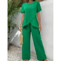 Women's summer two-piece green set with short sleeve irregular top and wide leg pants - S / Top And Bottom / Green