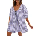 Close-up detail of a casual purple and white striped short-sleeved romper with deep V-neck. - Purple