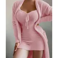 Soft pink fuzzy 3-piece loungewear set for women featuring a tied dress and cardigan - S / Top And Bottom / Two-Piece Set / Pink