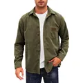 Camisa casual de pana verde oliva para hombre con manga larga y bolsillo frontal - S / Tops / Verde Militar