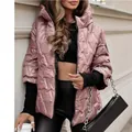 Stylish pink hooded puffer jacket with V-shaped quilting and black knit patchwork cuffs - S / Tops / Pink