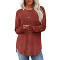 Maglione da donna in maglia a coste rosso ruggine con scollo rotondo e orlo curvo - Colore caramello