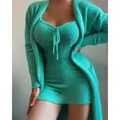 Comfortable three-piece plush loungewear set in vibrant teal green with drawstring detail - S / Top And Bottom / Two-Piece Set / Green