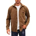 Men's classic casual long sleeve corduroy shirt in brown with lapel collar and pocket - Dark Brown