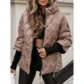 Stylish brown hooded quilted jacket with black ribbed patchwork sleeves for women - S / Tops / Brown
