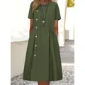 Elegante olijfgroene casual midi-jurk met korte mouwen voorzien van sierknoppen en plooien - S / Legergroen