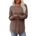Maglia a maniche lunghe a coste spazzolate marrone con scollo rotondo e orlo curvo - Cachi