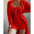 Vibrant red plush two-piece loungewear set featuring a mini dress and long cardigan - S / Top And Bottom / Two-Piece Set / Red