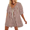 Detailed view of striped short-sleeve romper with deep V-neck and decorative tie - Coffee