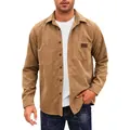Khaki men's casual corduroy long sleeve shirt with chest pocket and turn-down collar - Khaki