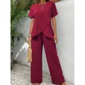 Elegant burgundy two-piece leisure set with irregular hem top and wide-leg trousers - S / Top And Bottom / Burgundy